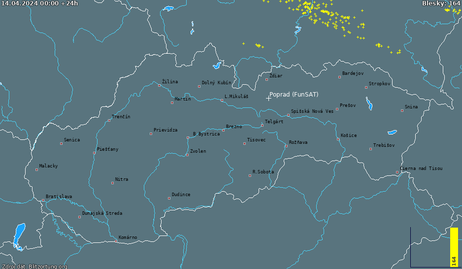Mapa bleskov Slovensko 15.04.2024