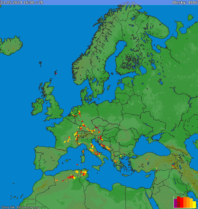 Mapa bleskov Európa 13.05.2024 (Animácia)